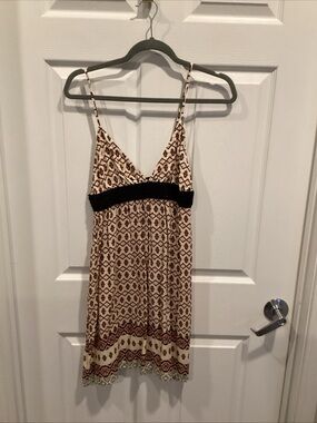 Spaghetti Strap V-Neck Printed Summer Dress in Cream and Brown